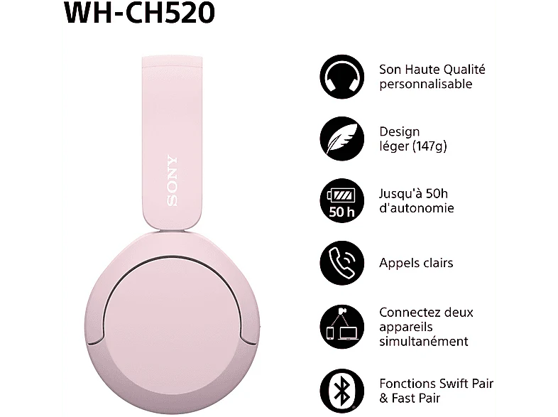 SONY Casque sans fil True Wireless Rose (WH-CH520) – Image 9